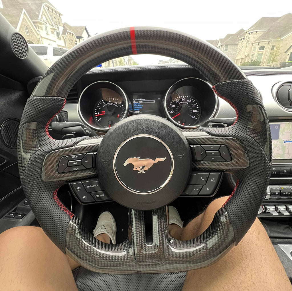 Ford Mustang (2015-2017) Carbon Fiber Steering Wheel W/Thumb Grips And Trim Pieces