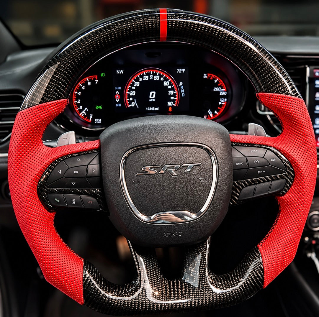 Dodge Charger/Challenger (2015-2023)/ Durango/Jeep Cherokee (2014-2023) HEATED Carbon Fiber Steering Wheel W/Trim Piece